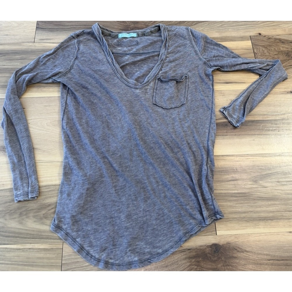 We The Free Free People Grey Slub Knit Long Sleeve Pocket Tee XS Boho Casual - Picture 2 of 10